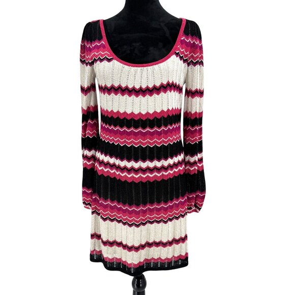 BEBE Metallic Chevron Sweater Dress Size M Pink Balloon Sleeve Knit Y2K Vintage - Picture 1 of 8